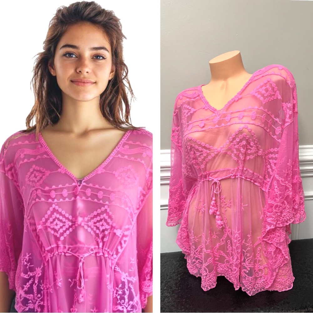 Vince Camuto Hot Pink Boho Embroidered Swim Coverup Vacation Beach Pool - Picture 8 of 15